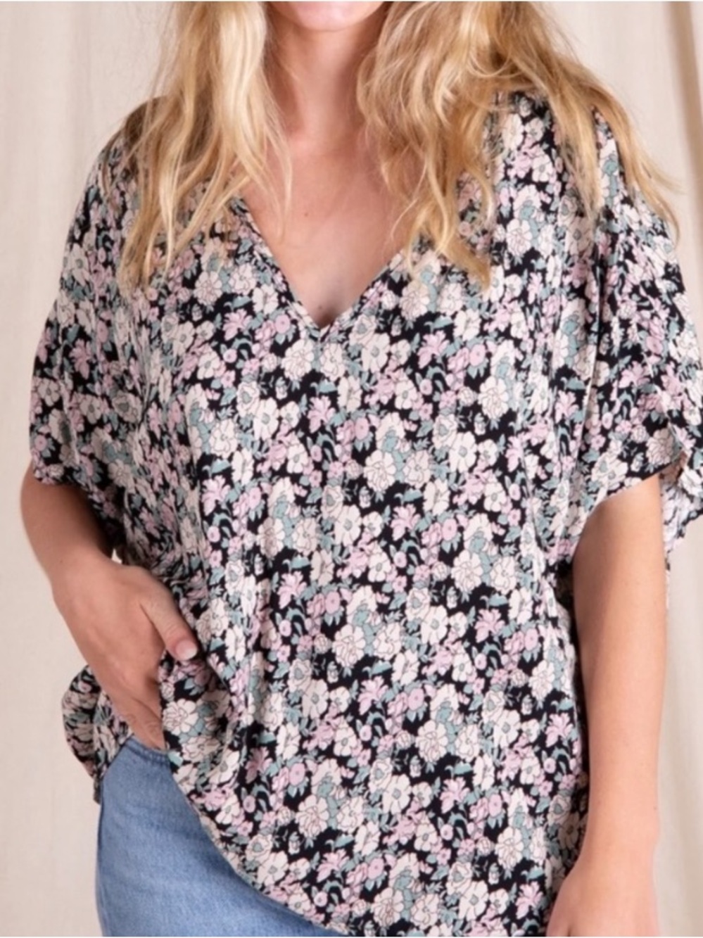Natural Life Easy V-Neck Top Black White Pink Floral Dolman Sleeve Relaxed Shirt